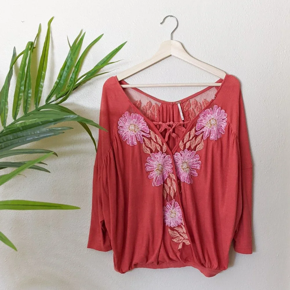 Free People Orange Boho Faux Wrap Embroidered Blouse Size Small